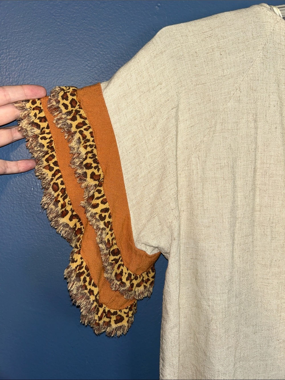 Umgee+ USA Cream Short-Sleeve Top Linen Blend Leopard-Trim Ruffles Boho - Picture 6 of 6